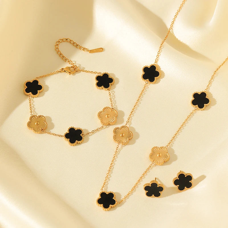 316L Stainless Steel Black Reversible Leaf Clover Necklace Bracelets Earrings Set for Women Fashion Waterproof Jewelry