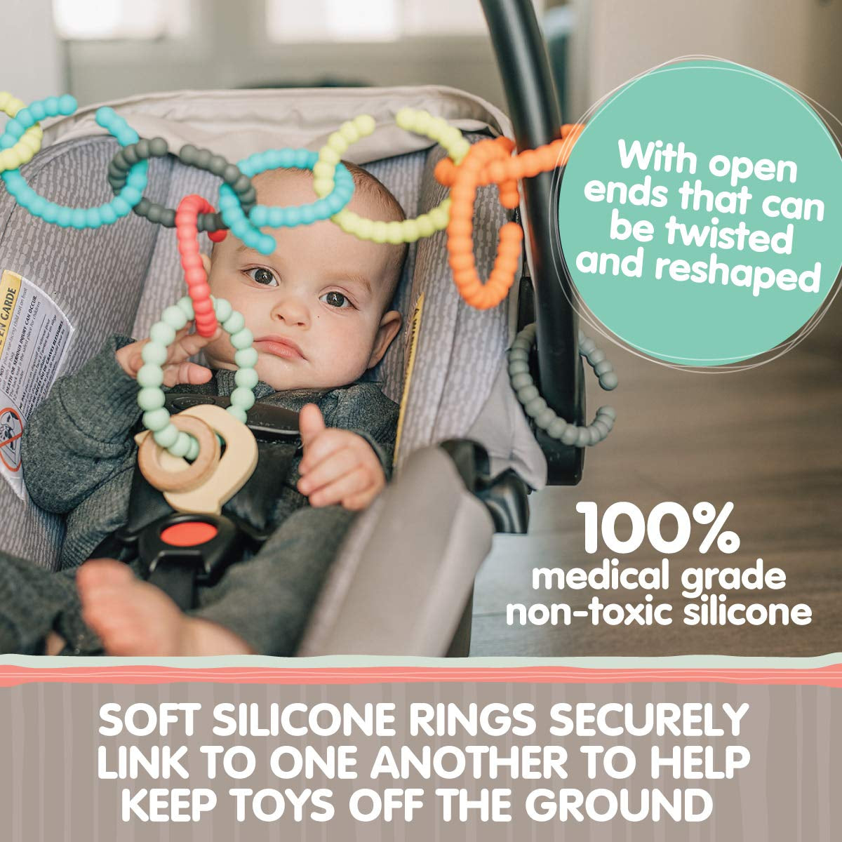- Baby Silicone Links - Multi Use Baby Toy Rings - Attach Toys & Teethers to Stroller, Car Seat & More - Medical Grade Silicone, BPA Free & Phthalate Free