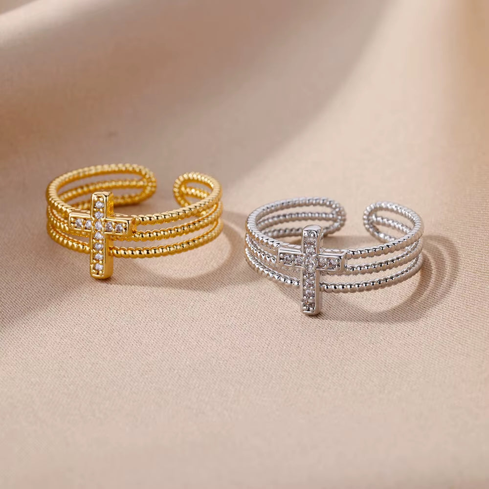 New in Zircon Cross Rings for Women Adjustable Stainless Steel Cross Ring Femme Design Luxury Wedding Jewerly Gift 2025 Anillos