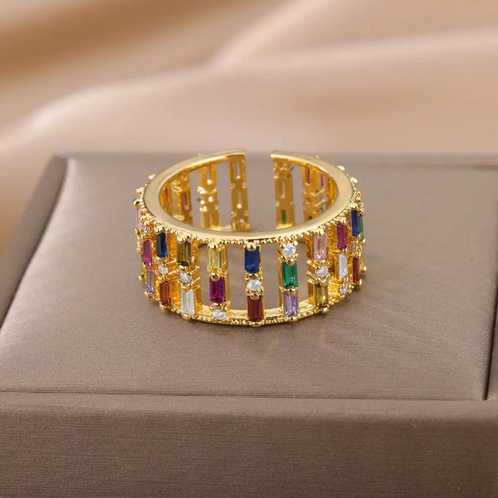 Rainbow Zircon Rings for Women Stainless Steel Gold Color Geometric Adjustable Ring Wedding Aesthetic Jewelry Gift Bijoux Femme