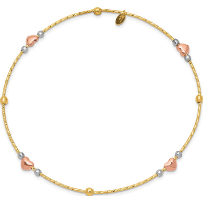 14K Tri-Color Heart Diamond-Cut Slip-On Bangle (8.25 X 1) Made in Indonesia Db679