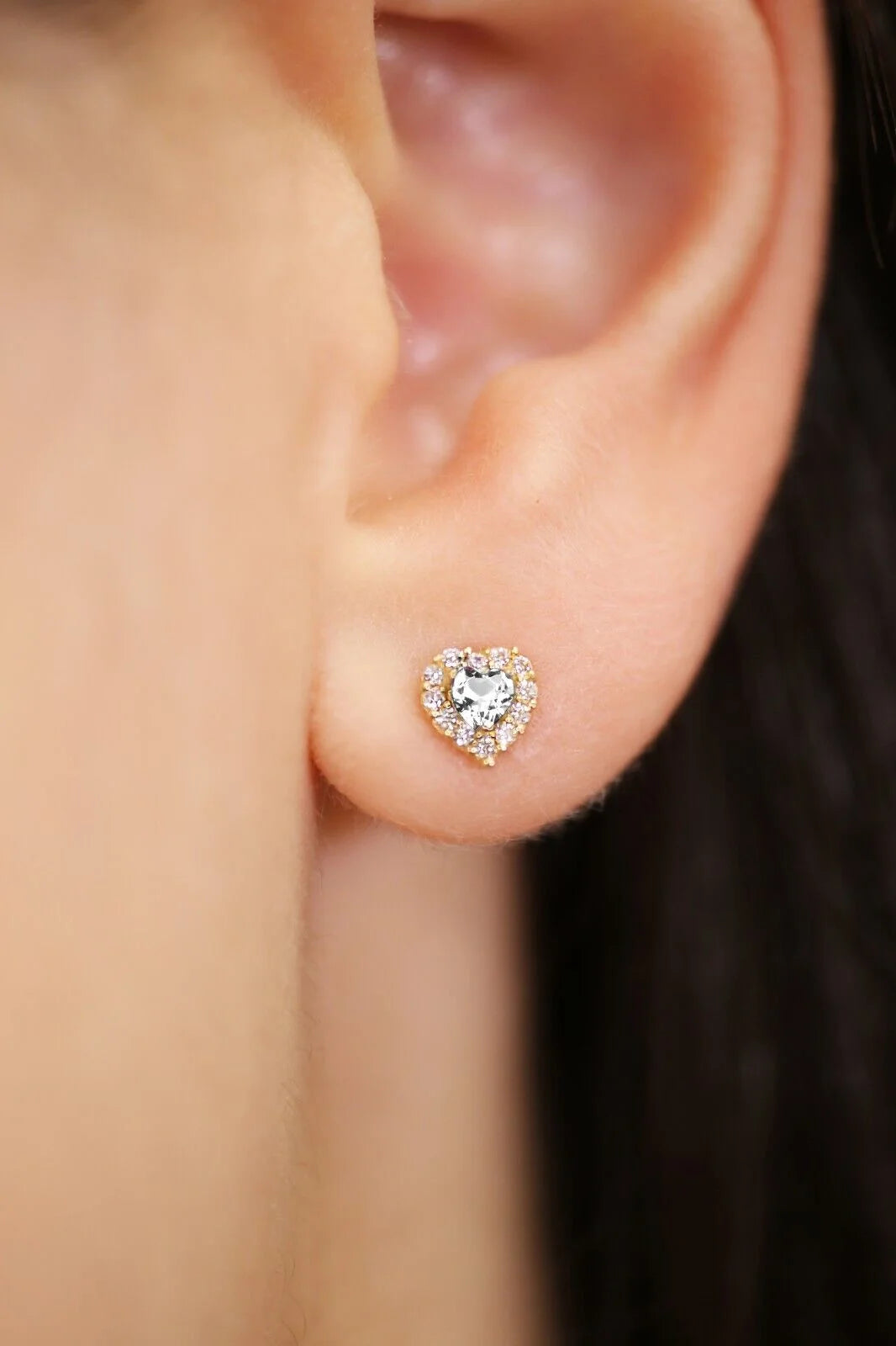 14K Yellow Gold Tiny Heart Halo Stud Post Earrings with Cubic Zirconia CZ Birthstone | Secure Screw-Backs | April | Women & Unisex