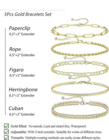 Gold Bracelets for Women, 14K Gold Plated Jewelry Sets for Women Trendy Thin Dainty Stackable Cuban Link Paperclip Chain Bracelet Pack Fashion Accessories Gifts