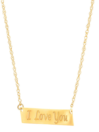 10K Yellow Gold Bar Plaque with I Love You Necklace, 18"