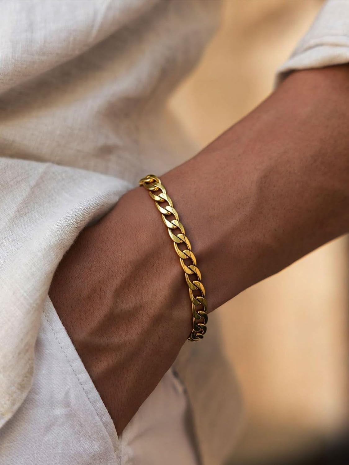 Men Chain Bracelet Gold Plated Cuban Curb Bracelet 6MM 8.3 Inch Wrist Bracelet Mens Stainless Steel Jewelry