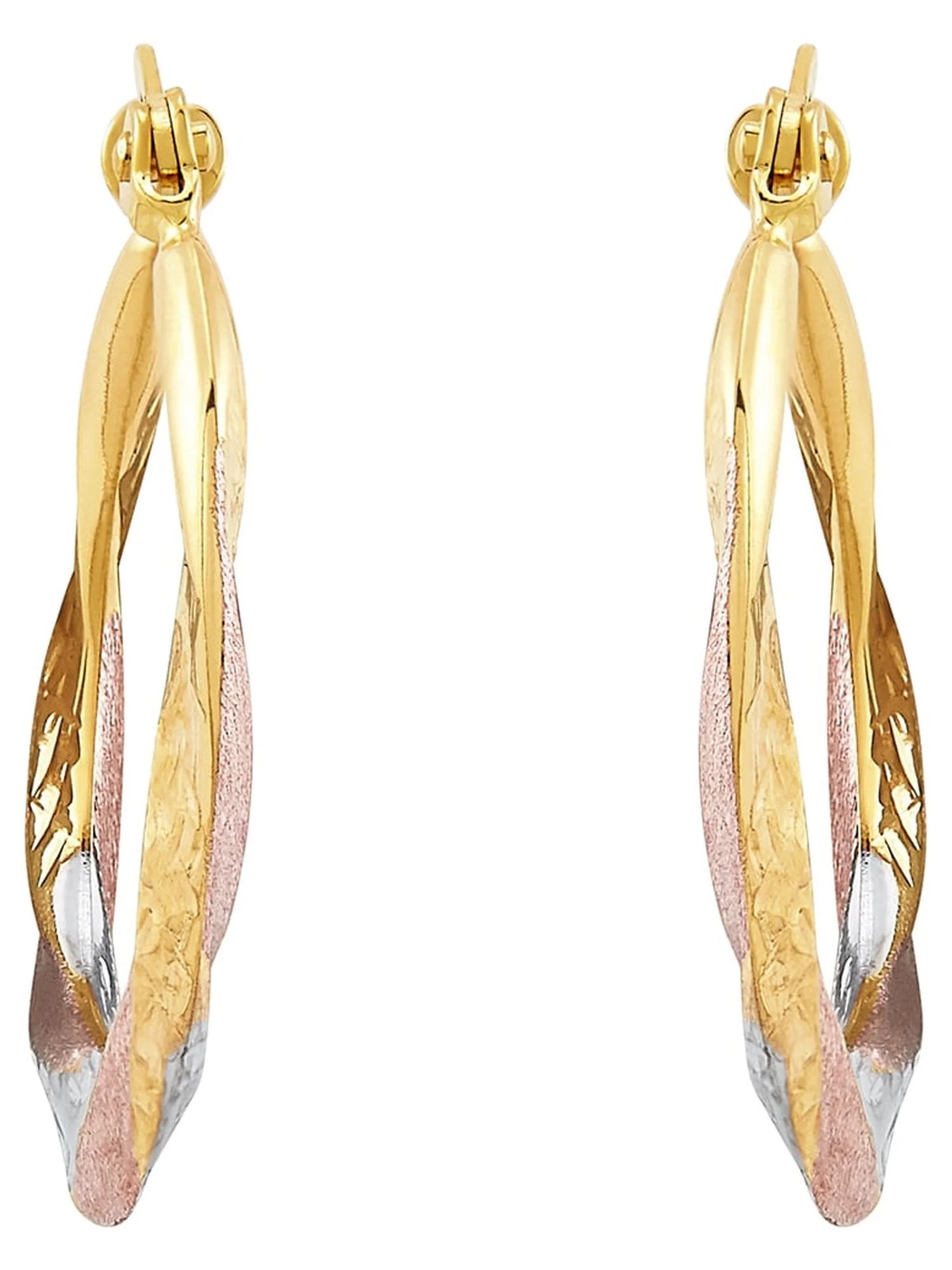 10K Rose Gold with Yellow and White Rhodium Plate round Swirl Hoop Earrings