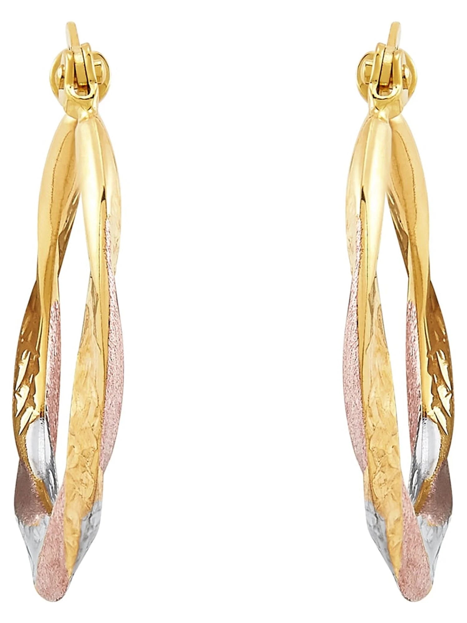 10K Rose Gold with Yellow and White Rhodium Plate round Swirl Hoop Earrings
