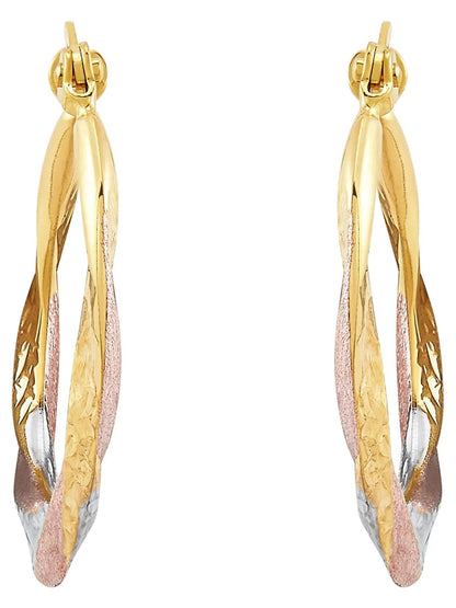 10K Rose Gold with Yellow and White Rhodium Plate round Swirl Hoop Earrings