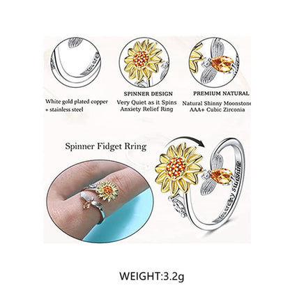Daisy Flower Fidget Rings for Women Adjustable Open Finger Bands CZ Sunflower You Are My Sunshine Rings Spinner