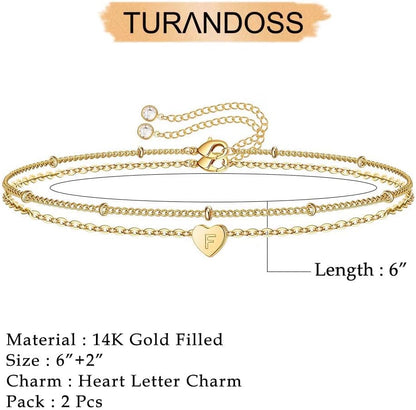 Dainty Heart Initial Bracelets for Women Girls, 14K Gold Filled Handmade Personalized Letter Layered Heart Initial Bracelets for Women Teen Girls Jewelry Gifts