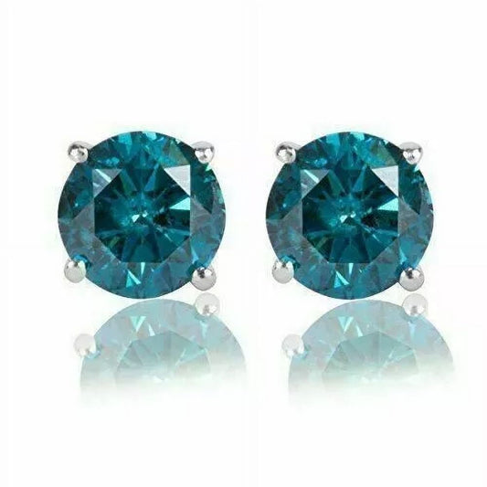 2Ct round Cut Lab-Created Blue Diamond Solitaire Womens Stud Earring 14K White Gold Plated