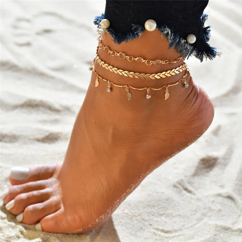 3Pcs/Set Gold Color Simple Chain Anklets for Women Beach Foot Jewelry Leg Chain Ankle Bracelets Women Accessories