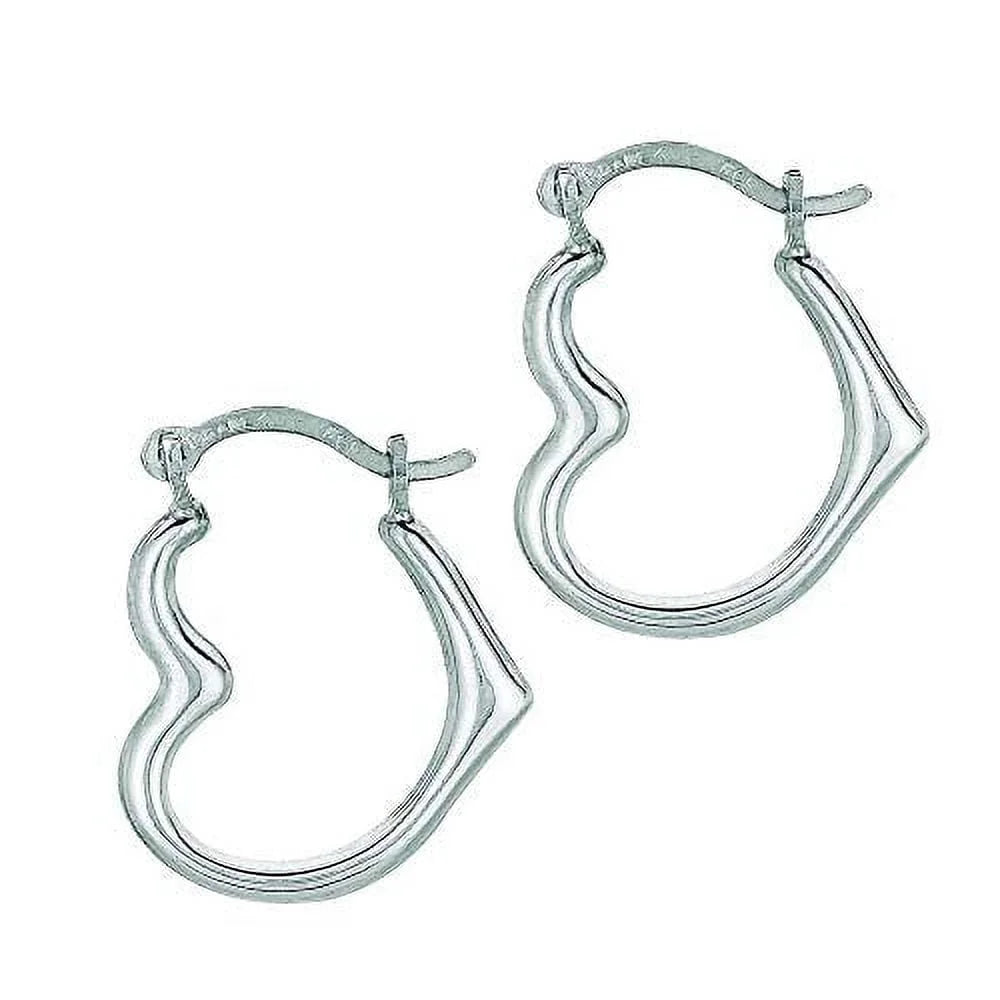 14K Real White Gold Heart Hoop Tubular Earrings