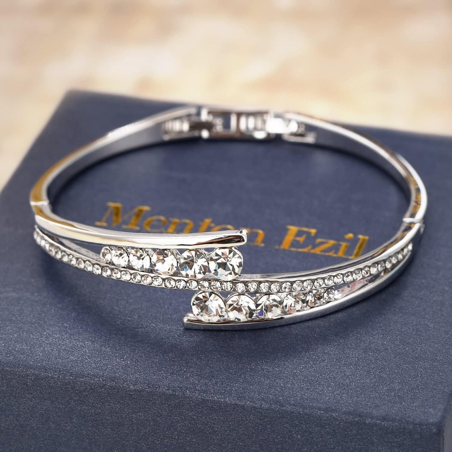 Love Encounter Crystals Bangle Bracelets for Women White Gold Plated Adjustable Hinged Jewelry