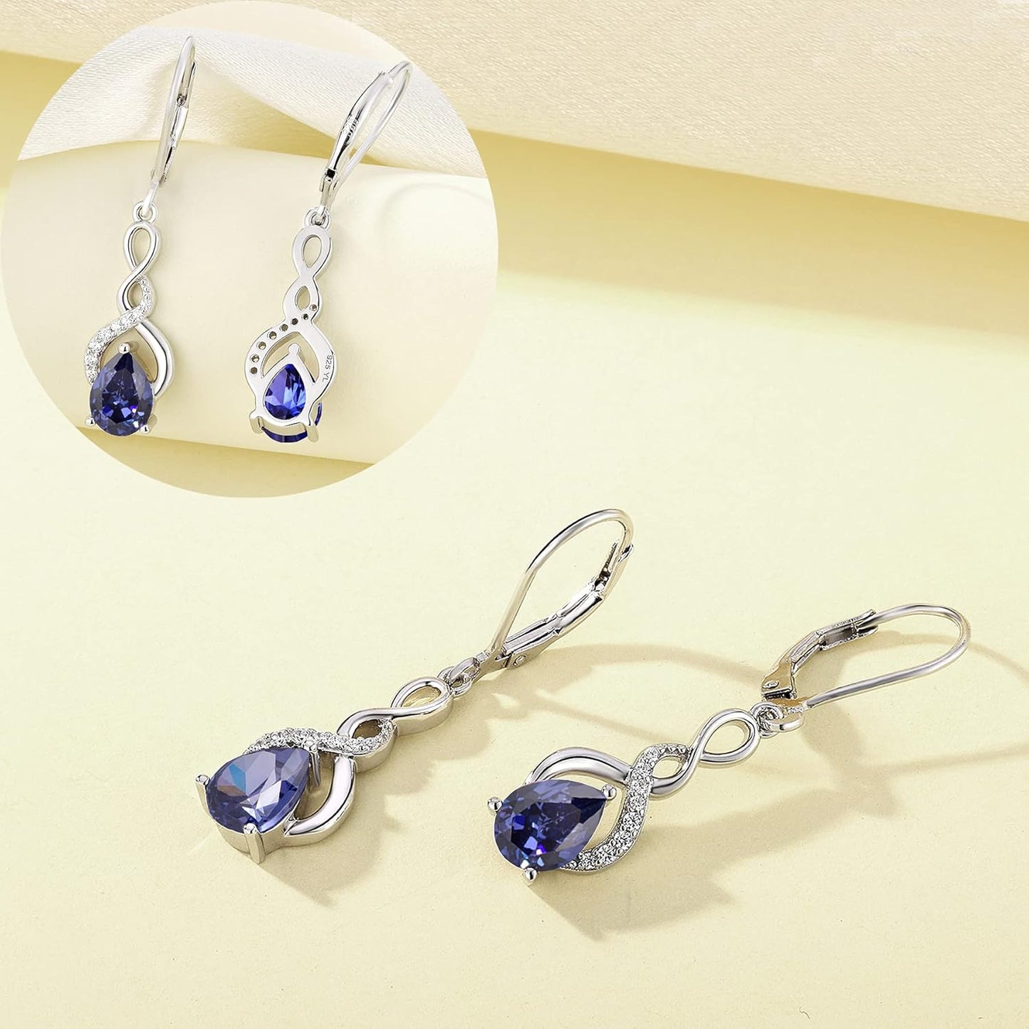 925 Sterling Silver Infinity Dangle Drop Earrings Pear Cut Birthstone Leverback Earrings for Women