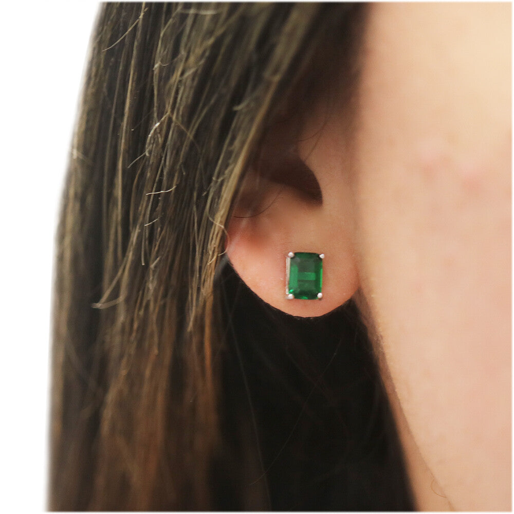 Women'S 925 Sterling Silver 2.00CTTW Emerald Cut Emerald Stud Earrings 7X5Mm