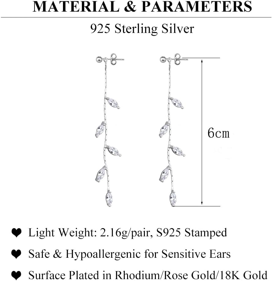 Solid 925 Sterling Silver Droplet Dangle Earrings Chain for Women Teens Olive Leaf Wedding Dangle Earrings Bridal Earrings