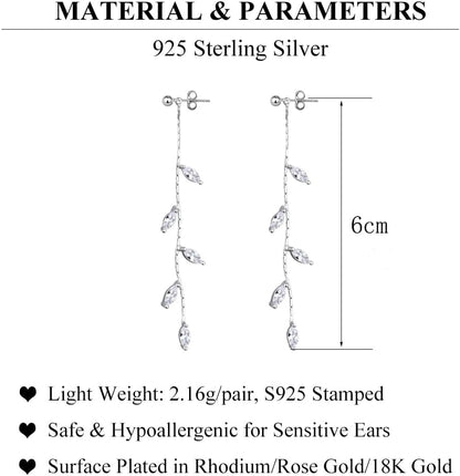 Solid 925 Sterling Silver Droplet Dangle Earrings Chain for Women Teens Olive Leaf Wedding Dangle Earrings Bridal Earrings