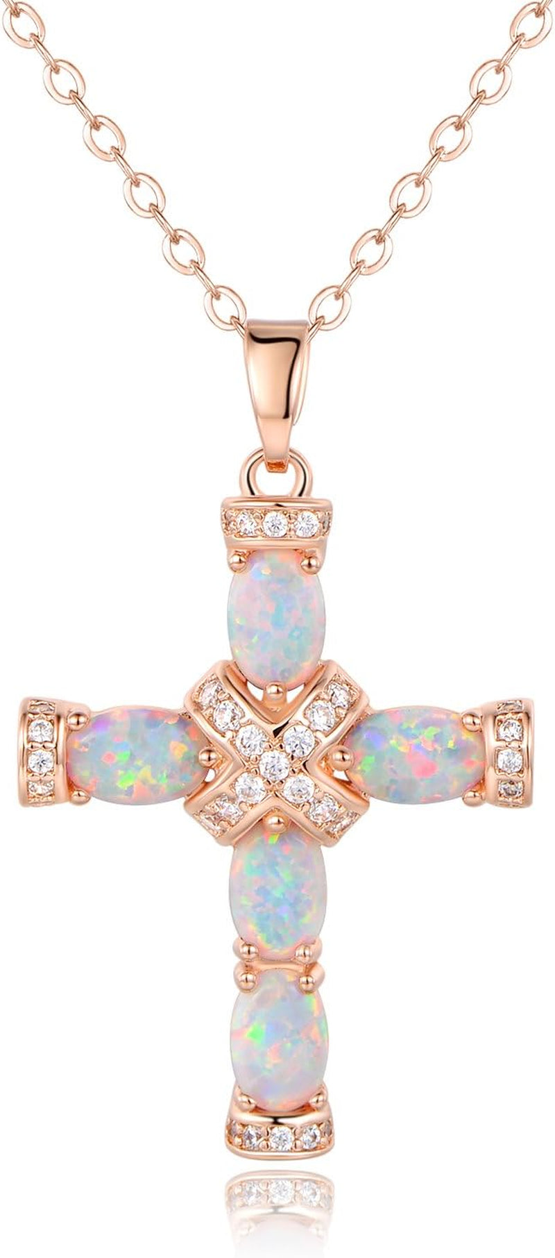 18K Gold Plated Created Opal Cross with Chain, 18 Inches with 2 Inches Extension