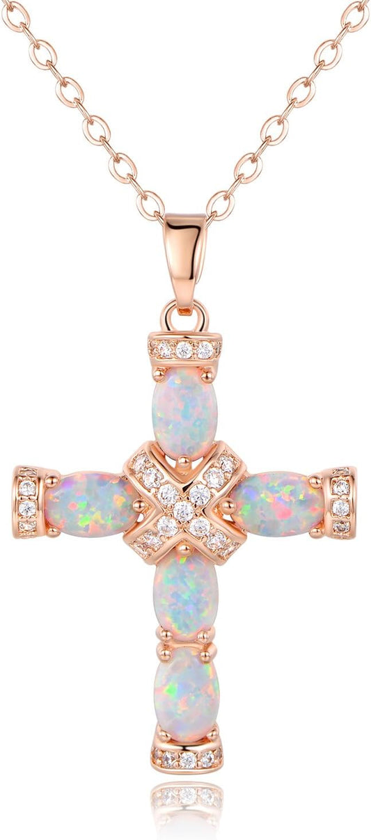18K Gold Plated Created Opal Cross with Chain, 18 Inches with 2 Inches Extension