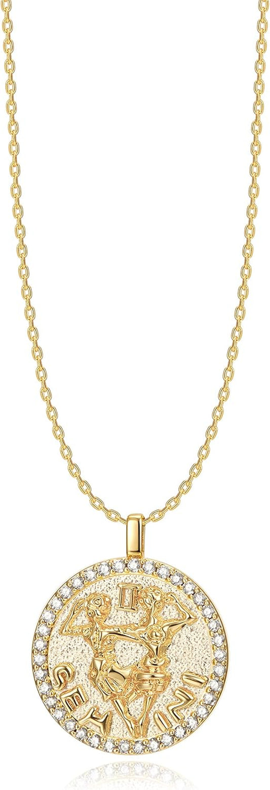 Constellation Necklace Pendant 14K Gold-Plated Hammered round Disc Engraved Zodiac Sign Pendant 16.9’’ Adjustable Dainty Necklace Mothers Gifts for Her