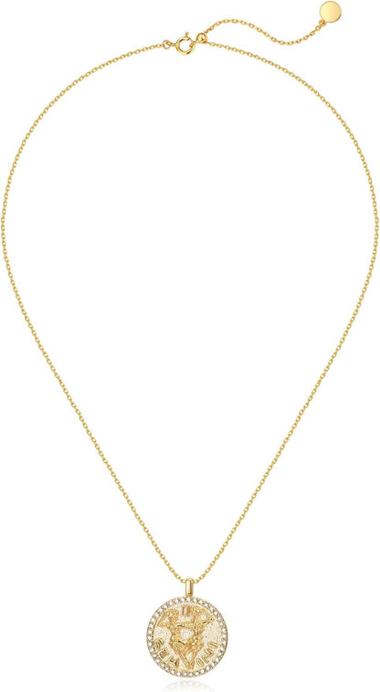 Constellation Necklace Pendant 14K Gold-Plated Hammered round Disc Engraved Zodiac Sign Pendant 16.9’’ Adjustable Dainty Necklace Mothers Gifts for Her