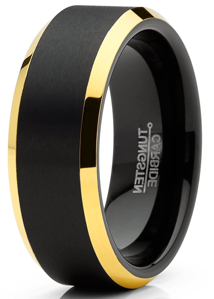 Mens Tungsten Ring Black Goldtone Wedding Band Beveled Edges Comfort-Fit 8Mm 9