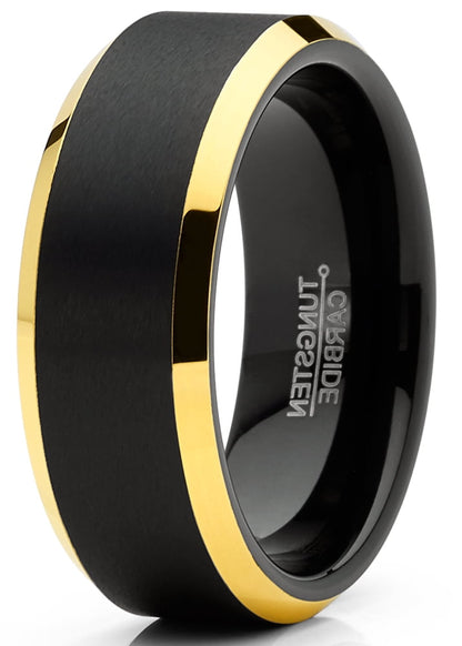 Mens Tungsten Ring Black Goldtone Wedding Band Beveled Edges Comfort-Fit 8Mm 9