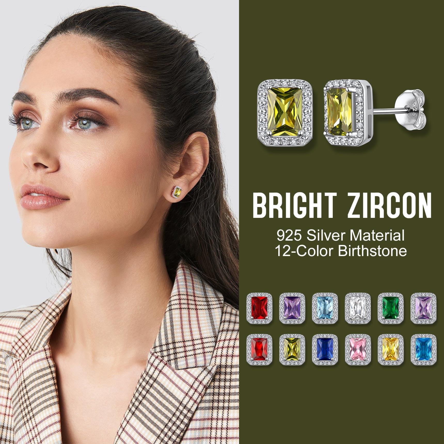 Square Diamond Stud Earrings August Peridot Birthstone Earrings, Sterling Silver Earrings Birthday Jewelry Gift for Women