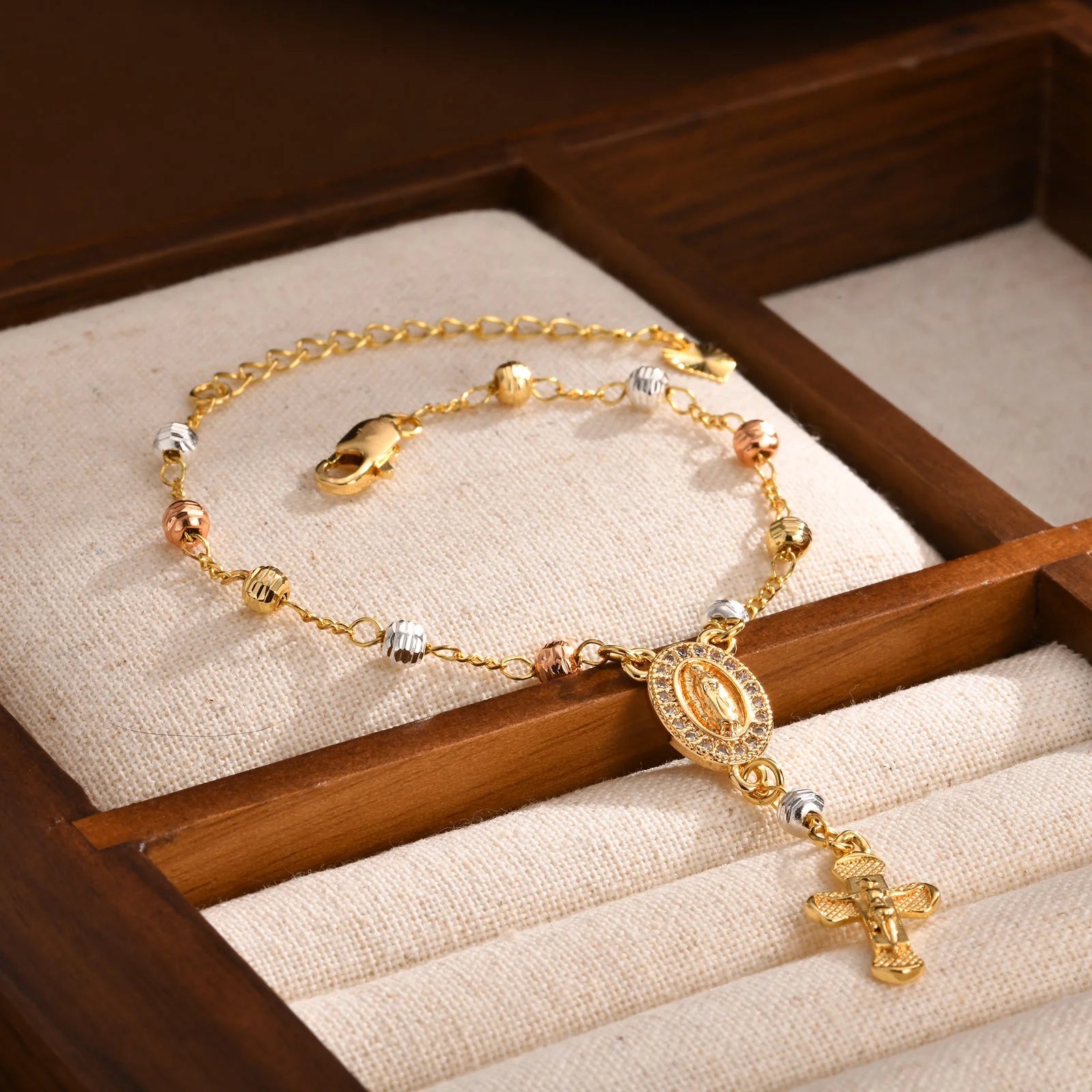 Virgin Mary Rosary Bracelet for Women, 14K Gold Plated Inspirational Jesus Cross Charm Virgen De Guadalupe Bracelet, Adjustable Christian Faith Bead Link Chain Bracelets Religious Jewelry Gifts