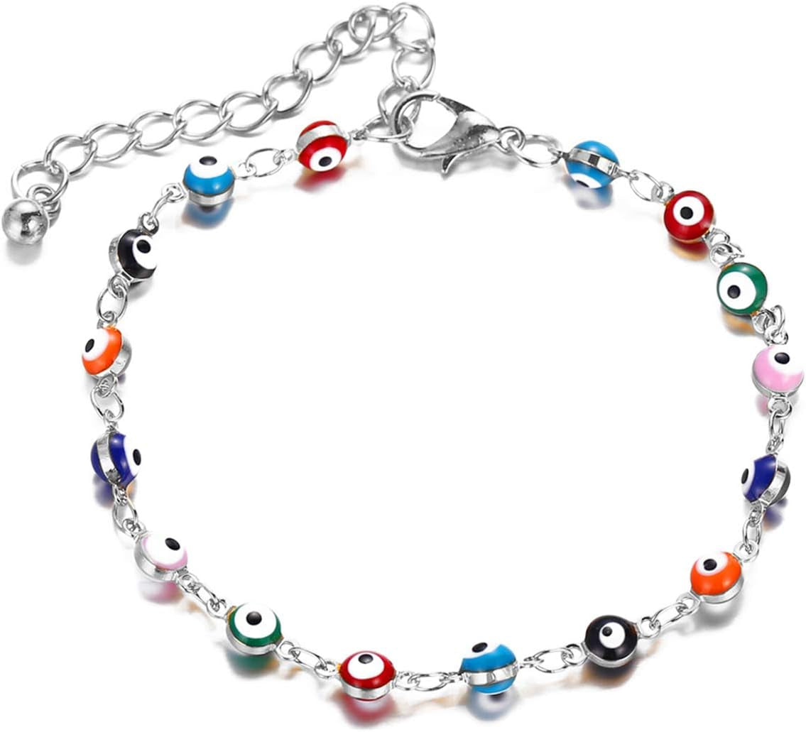 Evil Eye Bracelet Silver Eye Beads Bracelet Ojo Turco Kabbalah Evil Eye Bracelets for Women Men(D:Silver Colorful Lucky Bracelet)