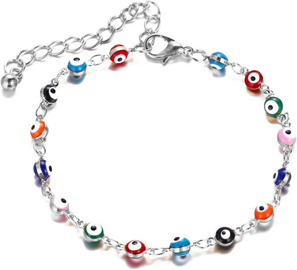 Evil Eye Bracelet Silver Eye Beads Bracelet Ojo Turco Kabbalah Evil Eye Bracelets for Women Men(D:Silver Colorful Lucky Bracelet)