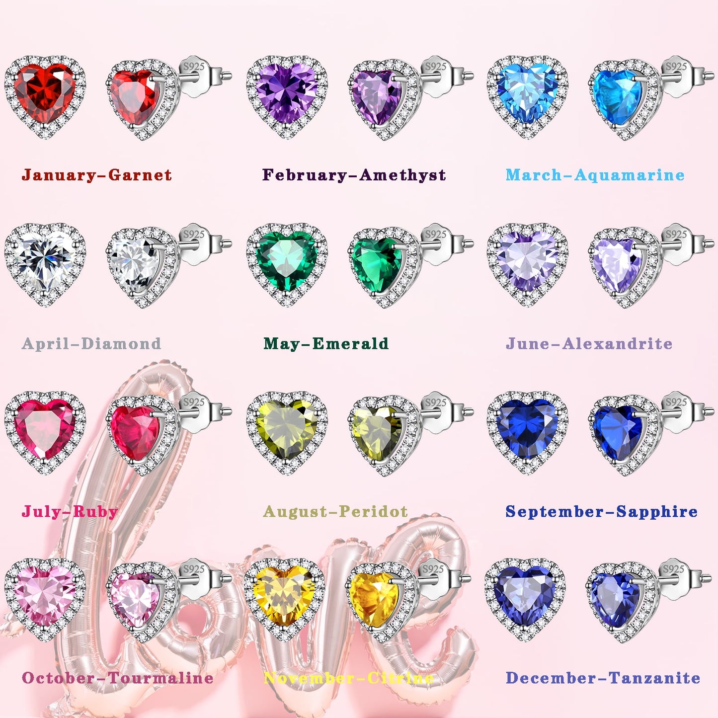 Pink Heart Earrings Women October Birthstone Earrings Tourmaline CZ 925 Sterling Silver Stud Earrings Crystal Jewelry Birthday Mother'S Day Gifts