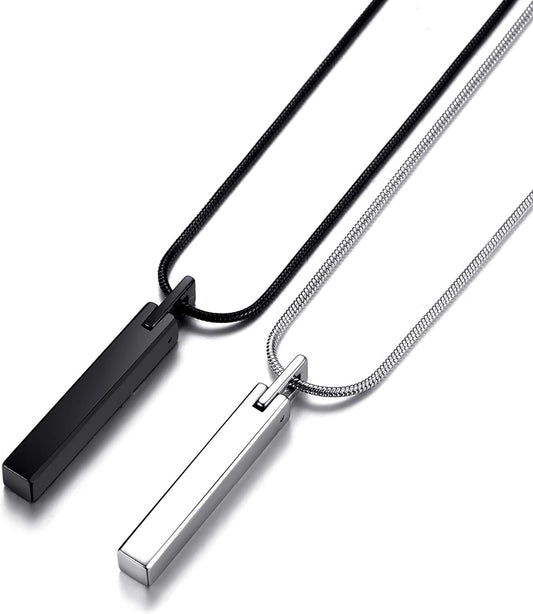 Men'S Tungsten Steel Bar Pendant Necklace with 22 Inches Stainless Steel Snake Chain