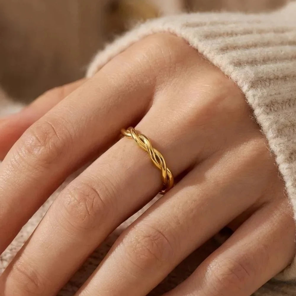 Twisted Woven Stainless Steel Rings for Women 18K Gold Plated Engagement Anniversary Jewelry Accessories