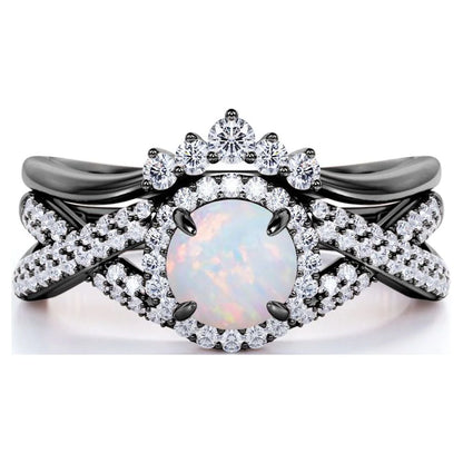1.15 Carat Vintage round Cut Blue Lab Created Opal and Moissanite Wedding Ring Set in 18K Black Gold over Silver