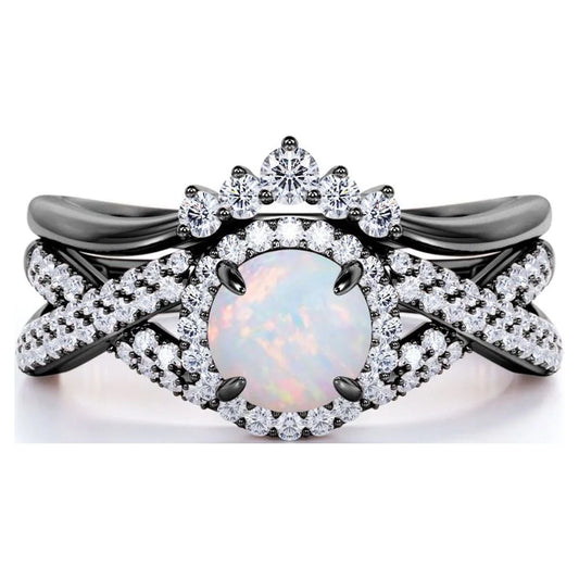 1.15 Carat Vintage round Cut Blue Lab Created Opal and Moissanite Wedding Ring Set in 18K Black Gold over Silver