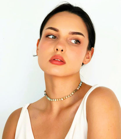 Real Amazonite Natural Gemstone Beaded Choker Necklace Semi Precious Stone Choker for Women Teen