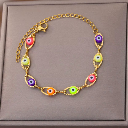 Gothic Rainbow Evil Eye Bracelets for Women Stainless Steel Gold Color Turkish Demon Chain Charm Bracelet Summer Beach Jewelry