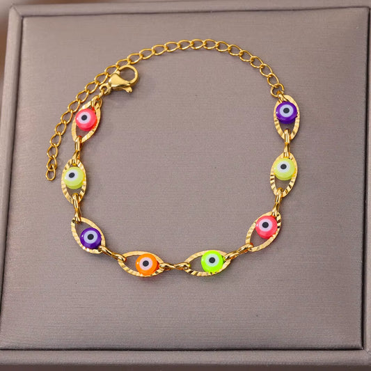 Gothic Rainbow Evil Eye Bracelets for Women Stainless Steel Gold Color Turkish Demon Chain Charm Bracelet Summer Beach Jewelry