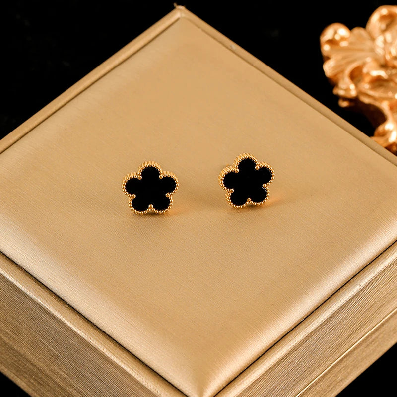 316L Stainless Steel Black Reversible Leaf Clover Necklace Bracelets Earrings Set for Women Fashion Waterproof Jewelry