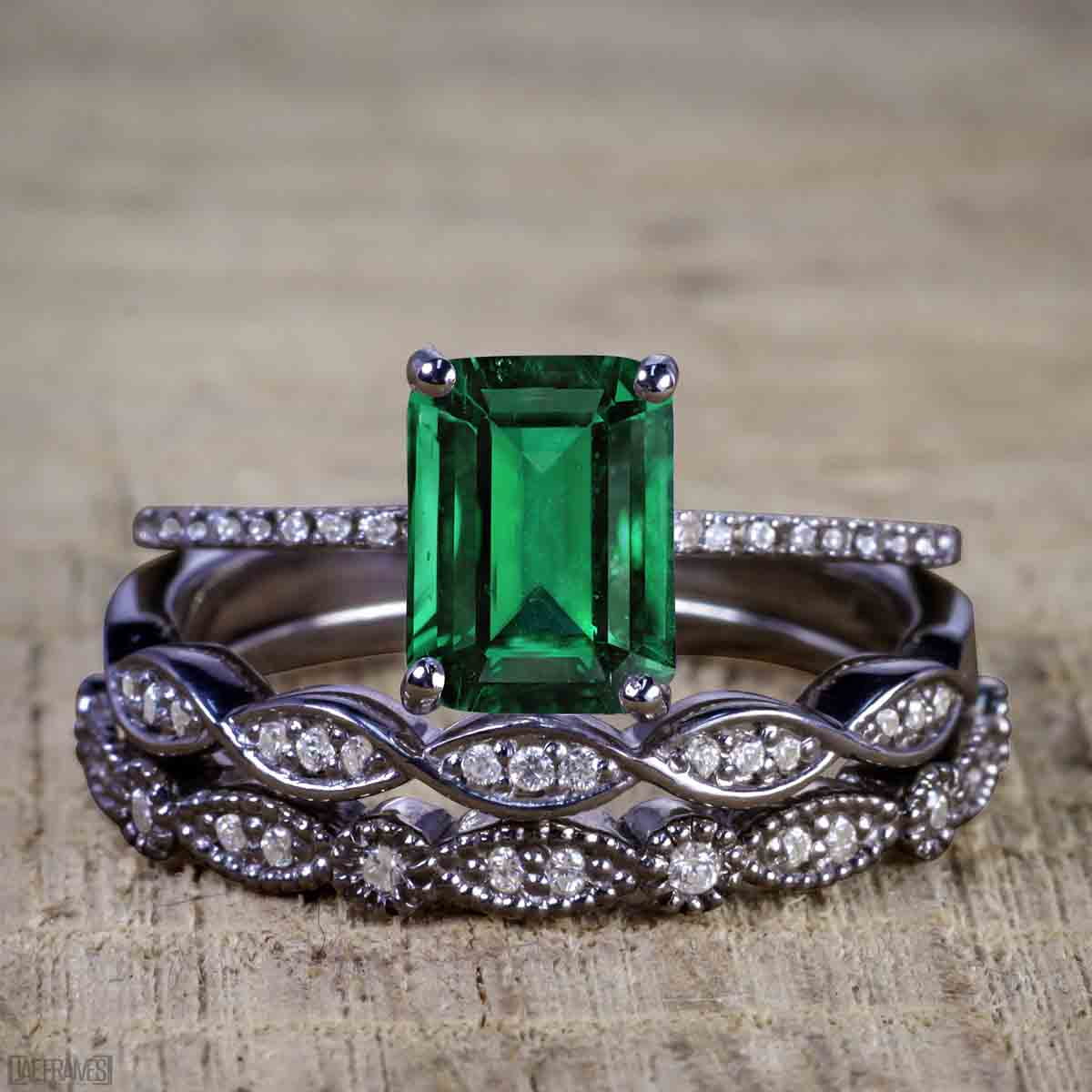 2.25 Carat Rectangle Vivid Lab Created Green Emerald Trio Wedding Ring Set in 18K Black Gold over Silver