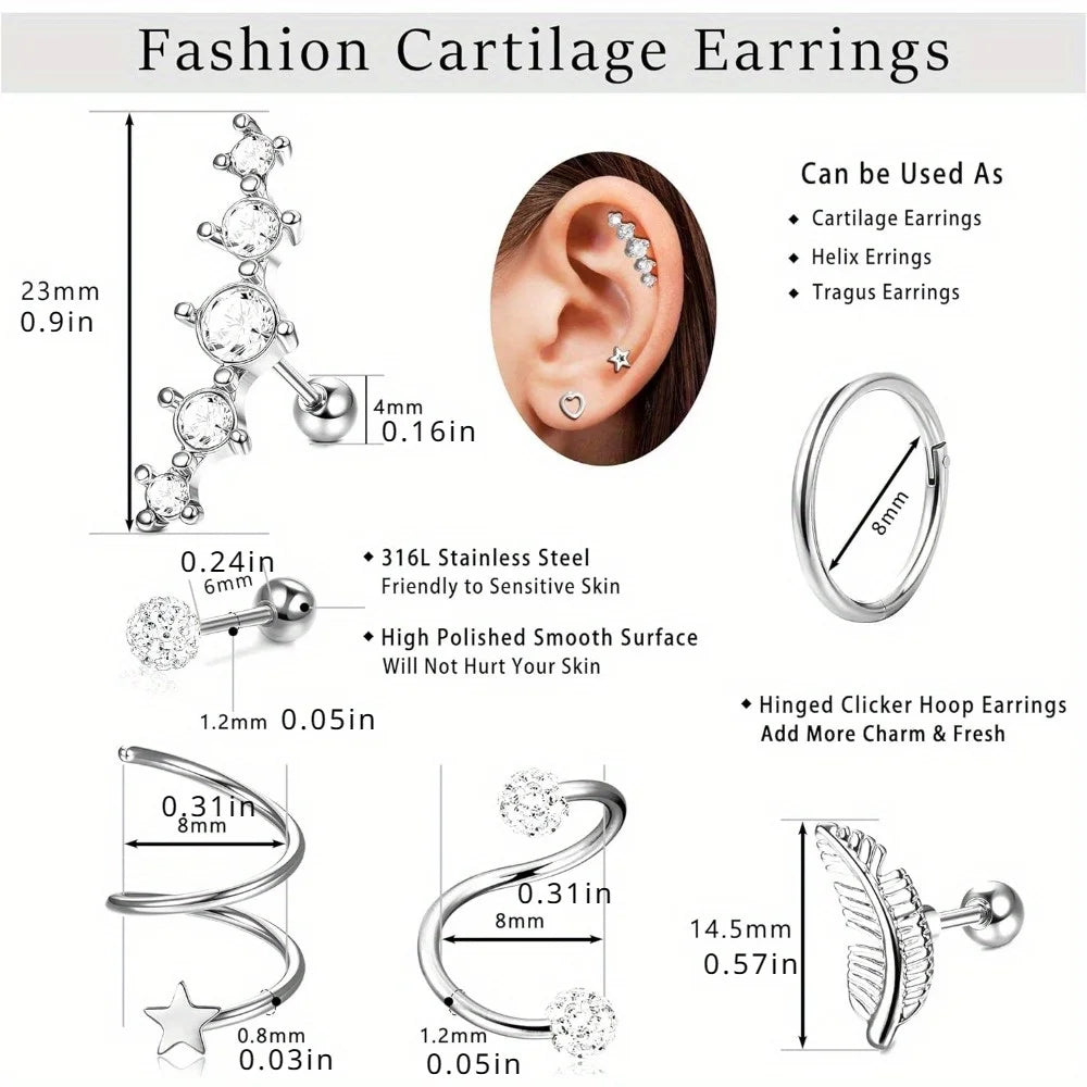 1Pc Cartilage Stainless Steel Piercing Jewelry 16G Earring Stud for Women Men Stylish Piercing Jewelry