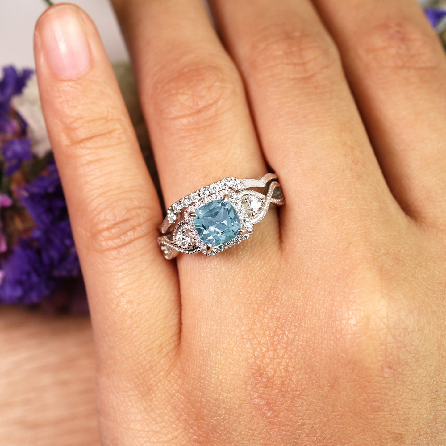 Filigree 1.75 Carat Princess Cut Created Aquamarine and Moissanite Wedding Ring Set in 18K White Gold over Silver