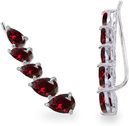 Ear Climbers Earrings for Women, Ear Crawler Earrings for Women, Birthstone Earrings, Genuine or Synthetic Gemstone Earrings, Teardrop Curved Climber, Sterling Silver Earring or Gold Flash Silver