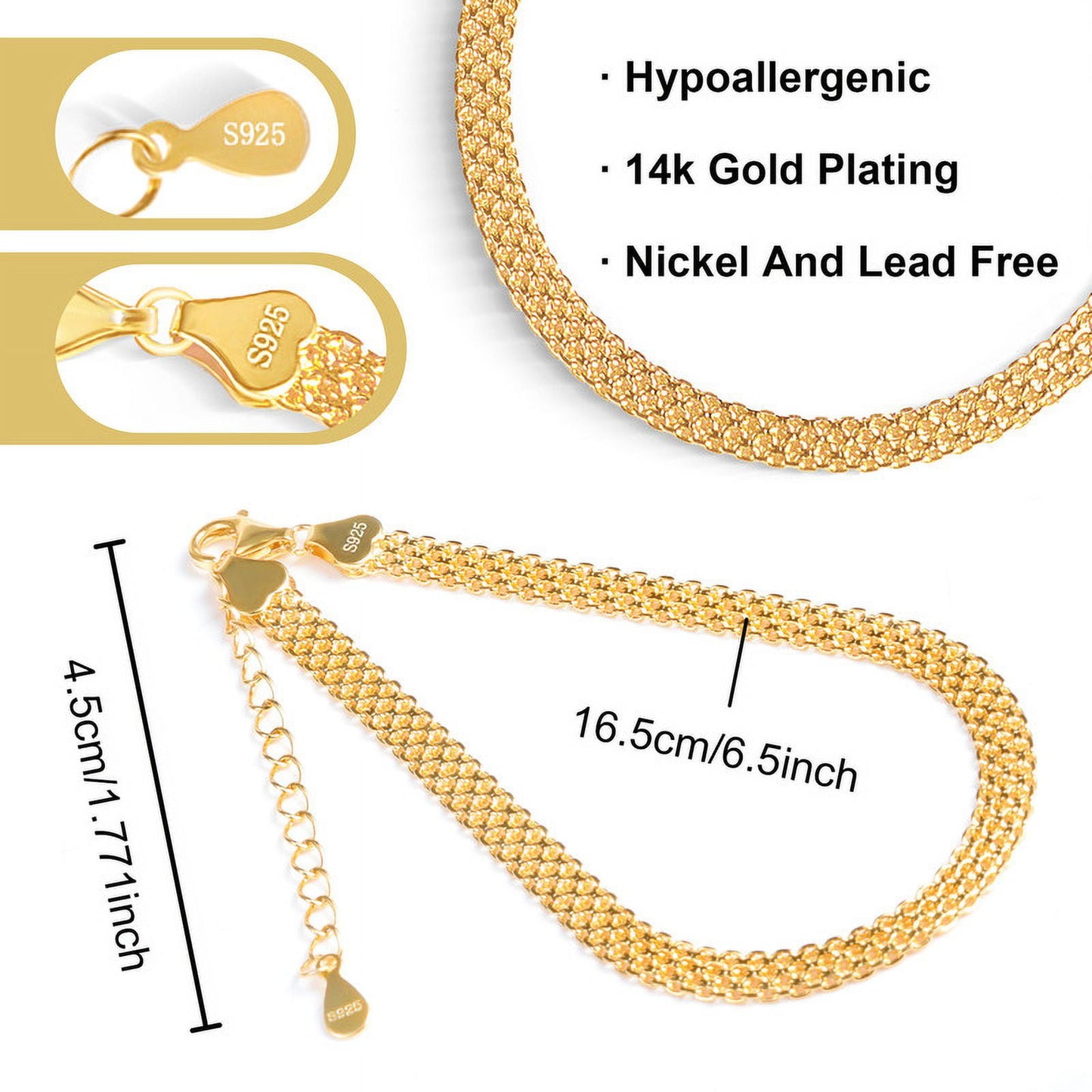 14K Gold Plated Chunky Chain Adjustable Bracelet for Women | Sterling Silver Lightweight Trendy Chain Bracelet | Jewelry Gift for Women