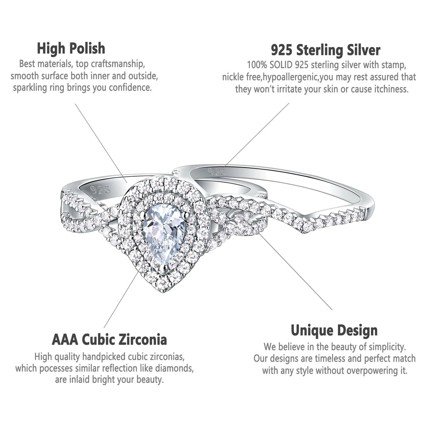 Wedding Rings Set Rings for Women Bridal Engagement Ring 925 Sterling Silver AAAAA Cz 1.7Ct Pear Size 5.5