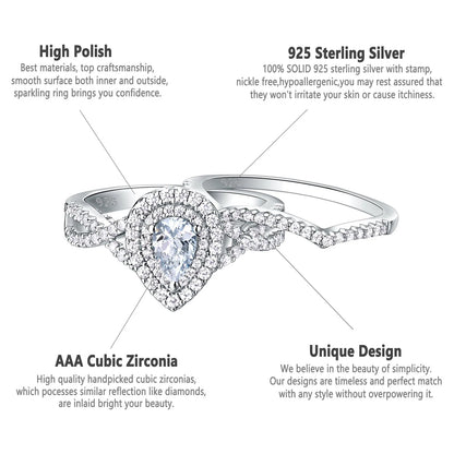 Wedding Rings Set Rings for Women Bridal Engagement Ring 925 Sterling Silver AAAAA Cz 1.7Ct Pear Size 5.5
