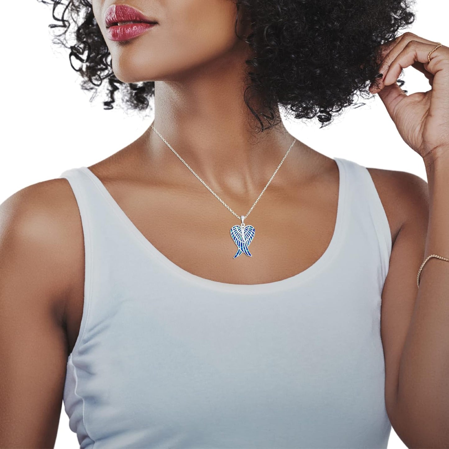 Sterling Silver Angel Wing Heart Necklace - Simulated White, Pink or Blue Opal - Meaningful Guardian Angel Gift for Women
