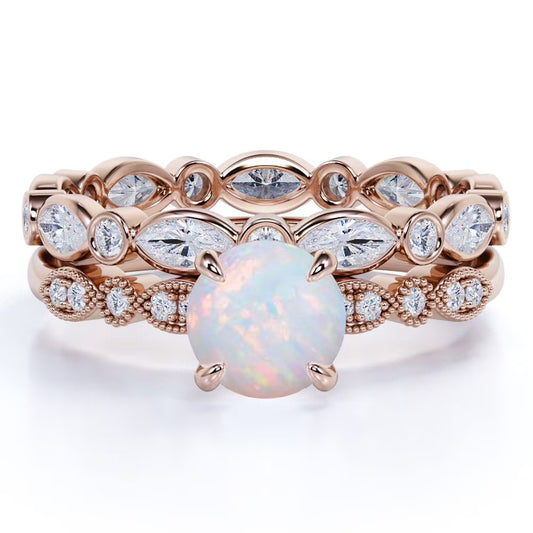 1.50 Ct Real round Blue Opal and Moissanite Engagement Ring Set in 18K Rose Gold over Silver